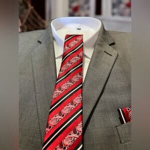 Men’s 2 Piece Tie Set Red Black Striped Tie Pocket Square 57.75"x3.25"